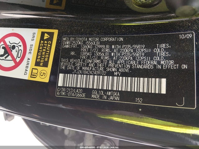 45546595 :رقم المزاد ، JTJZK1BA2A2409102 vin ، 2010 Lexus Rx 350 مزاد بيع