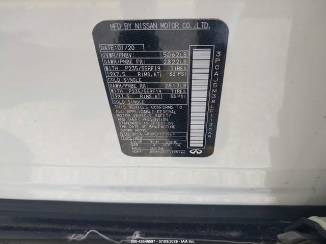 45546597 :رقم المزاد ، 3PCAJ5M38LF113669 vin ، 2020 Infiniti Qx50 Essential Awd مزاد بيع