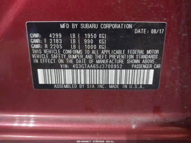 Aukcja sprzedaży 2018 Subaru Impreza 2.0i, vin: 4S3GTAA65J3700952, numer aukcji: 45546617