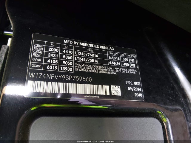 Продаж на аукціоні авто 2025 Mercedes-benz Sprinter 2500 Standard Roof 4-cyl Diesel Ho, vin: W1Z4NFVY9SP759560, номер лоту: 45546625