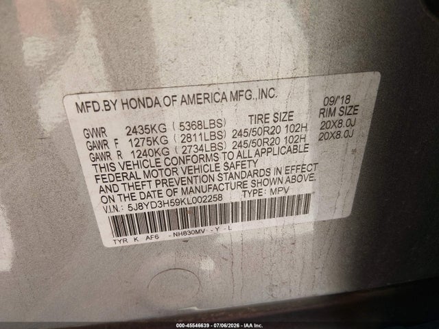 5J8YD3H59KL002258 Acura Mdx Tech Pkg