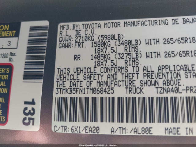 Aukcja sprzedaży 2026 Toyota Tacoma Trd Sport, vin: 3TMKB5FN1TM068425, numer aukcji: 45546640