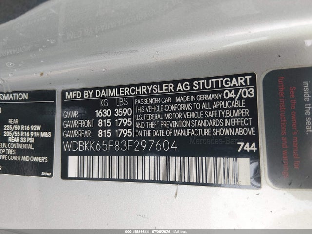 45546644 :رقم المزاد ، WDBKK65F83F297604 vin ، 2003 Mercedes-benz Slk 320 مزاد بيع