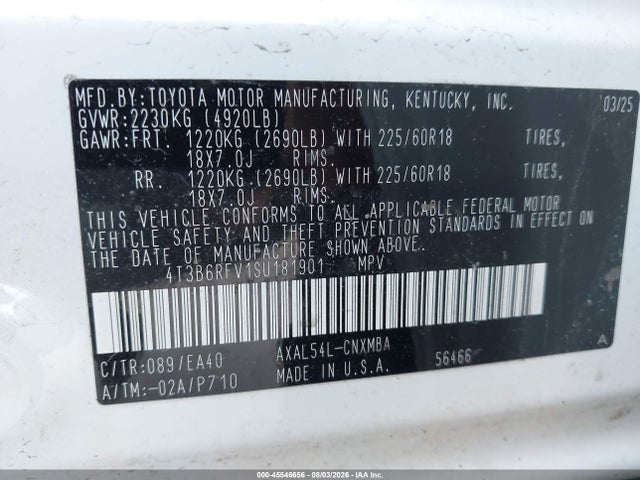 45546656 :رقم المزاد ، 4T3B6RFV1SU181901 vin ، 2025 Toyota Rav4 Hybrid Xle Premium مزاد بيع