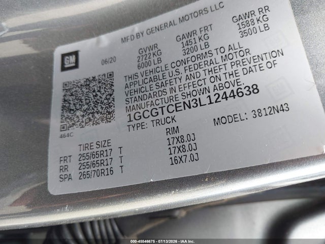 Продаж на аукціоні авто 2020 Chevrolet Colorado 4wd  Short Box Lt, vin: 1GCGTCEN3L1244638, номер лоту: 45546675