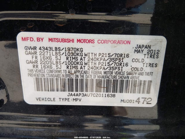 Aukcja sprzedaży 2012 Mitsubishi Outlander Sport Es, vin: JA4AP3AU7CZ011638, numer aukcji: 45546685