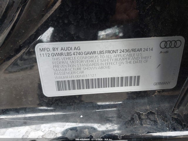 45546689 :رقم المزاد ، WAUAFAFL0DN031121 vin ، 2013 Audi A4 2.0t Premium مزاد بيع