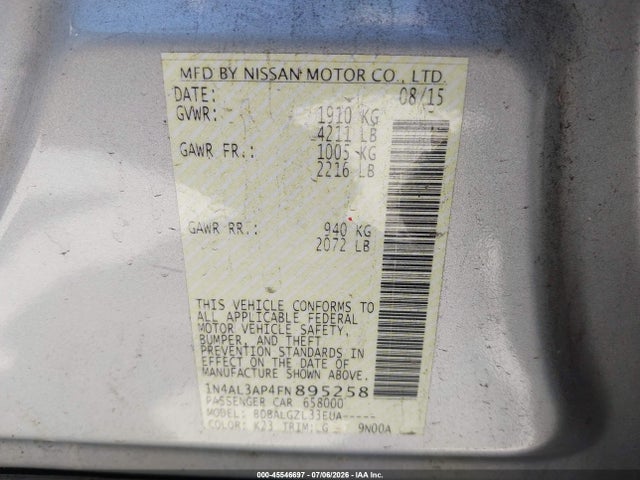 1N4AL3AP4FN895258 Nissan Altima 2.5/2.5 S/2.5 Sl/2.5 Sv