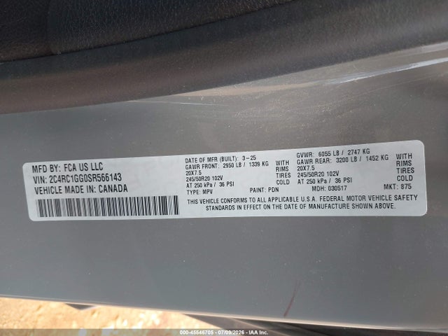 45546705 :رقم المزاد ، 2C4RC1GG0SR566143 vin ، 2025 Chrysler Pacifica Limited مزاد بيع