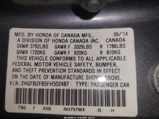 Honda CIVIC EX 2015 2HGFB2F85FH502487 Image 9