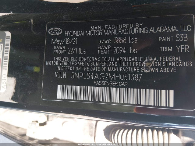45546726 :رقم المزاد ، 5NPLS4AG2MH051387 vin ، 2021 Hyundai Elantra Sel مزاد بيع