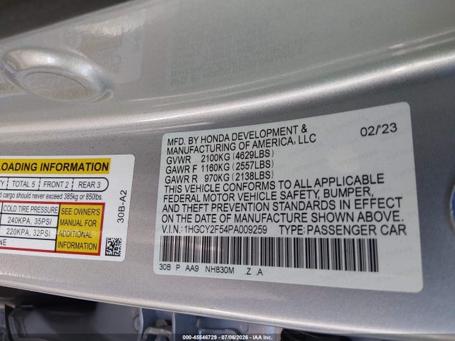 1HGCY2F54PA009259 Honda Accord Hybrid Sport