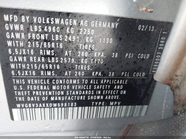 2013 Volkswagen Tiguan S მანქანა იყიდება აუქციონზე, vin: WVGBV3AXXDW598183, აუქციონის ნომერი: 45546730