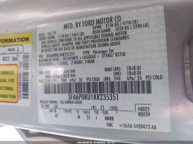 45546739 :رقم المزاد ، 3FA6P0RU1KR235351 vin ، 2019 Ford Fusion Hybrid Titanium مزاد بيع