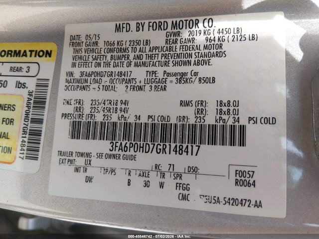 Auction sale of the 2016 Ford Fusion Se, vin: 3FA6P0HD7GR148417, lot number: 45546742
