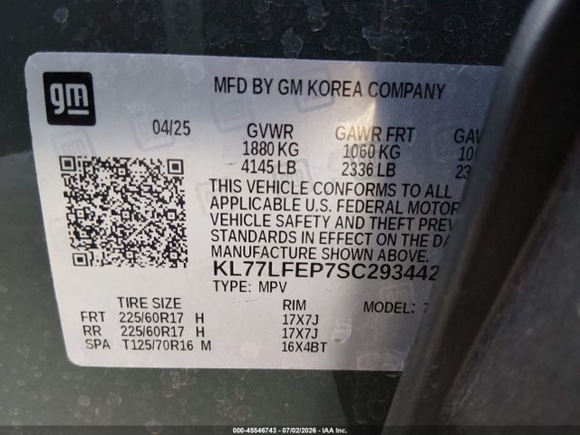 KL77LFEP7SC293442 Chevrolet Trax Fwd Ls