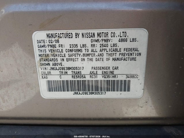 45546750 :رقم المزاد ، JNKAJ09E38M305317 vin ، 2008 Infiniti Ex35 Journey مزاد بيع