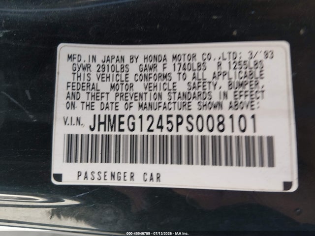 Aukcja sprzedaży 1993 Honda Civic Del Sol S, vin: JHMEG1245PS008101, numer aukcji: 45546759