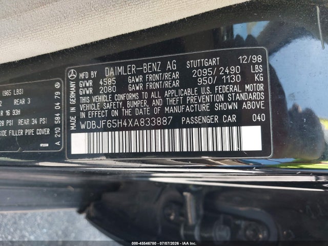 Aukcja sprzedaży 1999 Mercedes-benz E 320, vin: WDBJF65H4XA833887, numer aukcji: 45546780