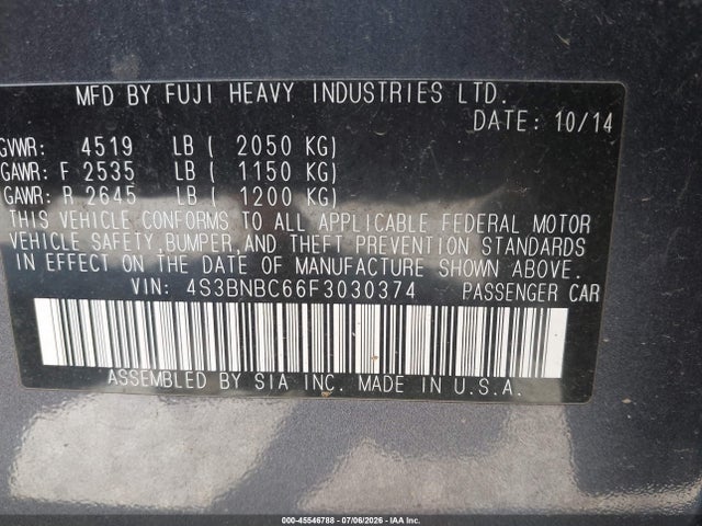 Subaru Legacy 2.5i Premium 2015 4S3BNBC66F3030374 Image 9