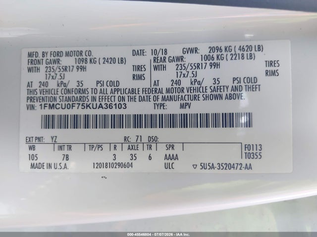 Ford ESCAPE S 2019 1FMCU0F75KUA36103 Image 9