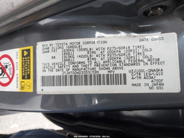 Aukcja sprzedaży 2003 Lexus Lx 470, vin: JTJHT00W233531599, numer aukcji: 45546806