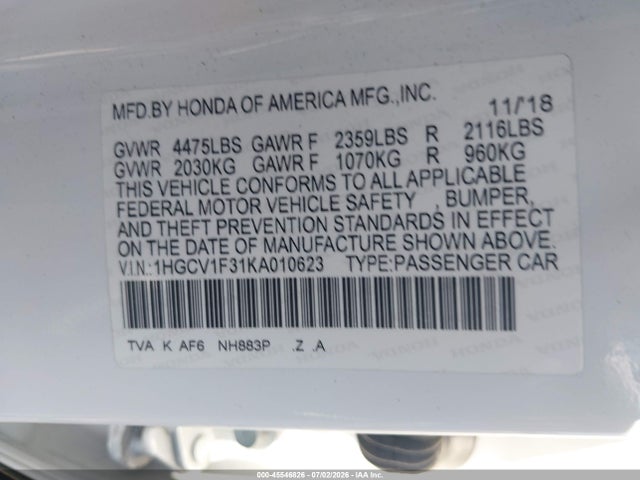 1HGCV1F31KA010623 Honda Accord Sport