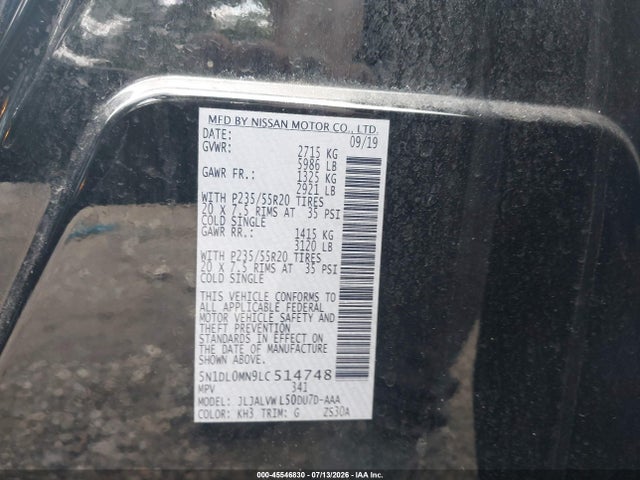 Aukcja sprzedaży 2020 Infiniti Qx60 Luxe, vin: 5N1DL0MN9LC514748, numer aukcji: 45546830