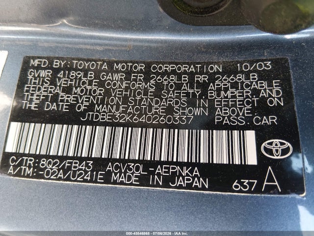 Продажа на аукционе авто 2004 Toyota Camry Le, vin: JTDBE32K640260337, номер лота: 45546868