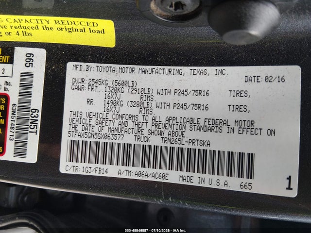 5TFAX5GN5GX063577 Toyota Tacoma Sr