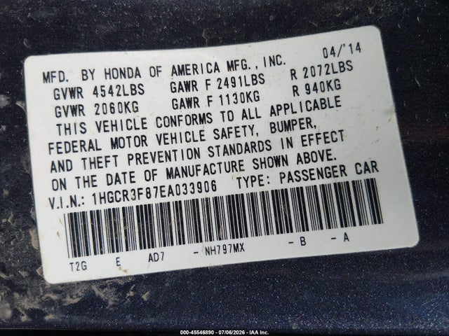 Продажа на аукционе авто 2014 Honda Accord Ex-l V-6, vin: 1HGCR3F87EA033906, номер лота: 45546890