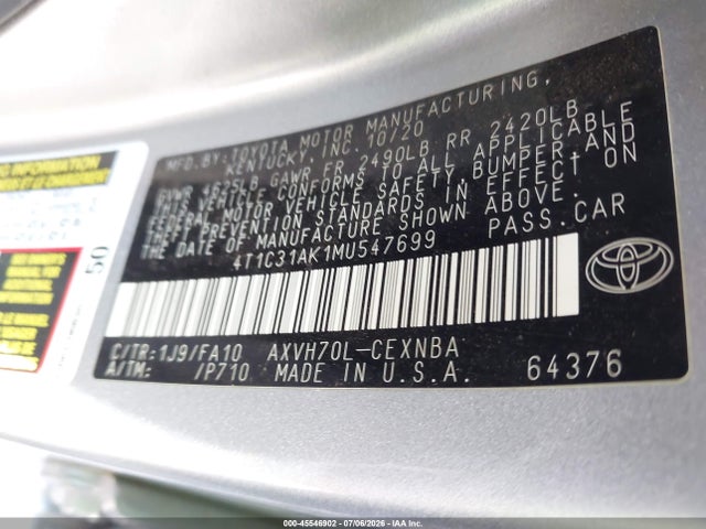 4T1C31AK1MU547699 Toyota Camry Le Hybrid