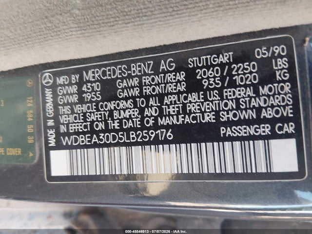 Продаж на аукціоні авто 1990 Mercedes-benz 300 E, vin: WDBEA30D5LB259176, номер лоту: 45546913