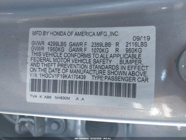 Honda ACCORD LX 2019 1HGCV1F19KA170439 Image 9