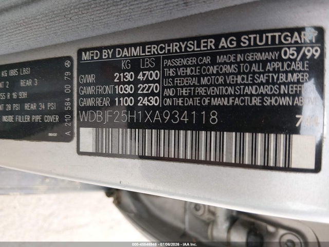 1999 Mercedes-benz E 300 Diesel მანქანა იყიდება აუქციონზე, vin: WDBJF25H1XA934118, აუქციონის ნომერი: 45546946
