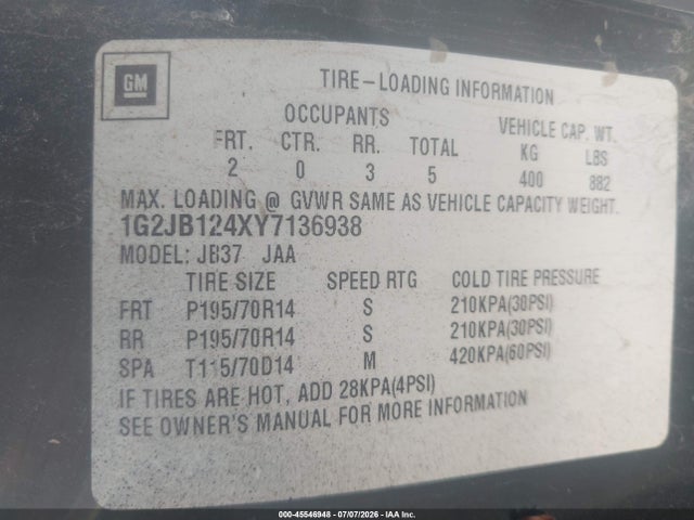 Aukcja sprzedaży 2000 Pontiac Sunfire Se, vin: 1G2JB124XY7136938, numer aukcji: 45546948