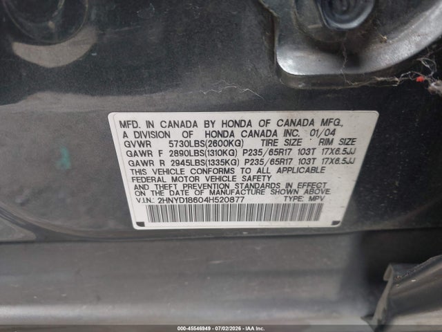 45546949 :رقم المزاد ، 2HNYD18604H520877 vin ، 2004 Acura Mdx مزاد بيع