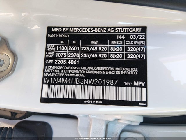 Aukcja sprzedaży 2022 Mercedes-benz Glb 250 4matic, vin: W1N4M4HB3NW201987, numer aukcji: 45546960