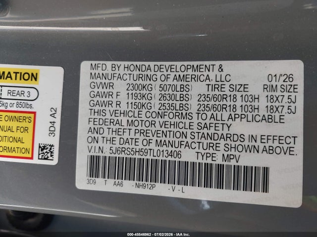 5J6RS5H59TL013406 Honda Cr-v Hybrid 2wd Sport