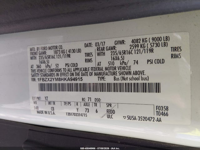 1FBZX2YM8HKA94915 Ford Transit-350 Xl/xlt