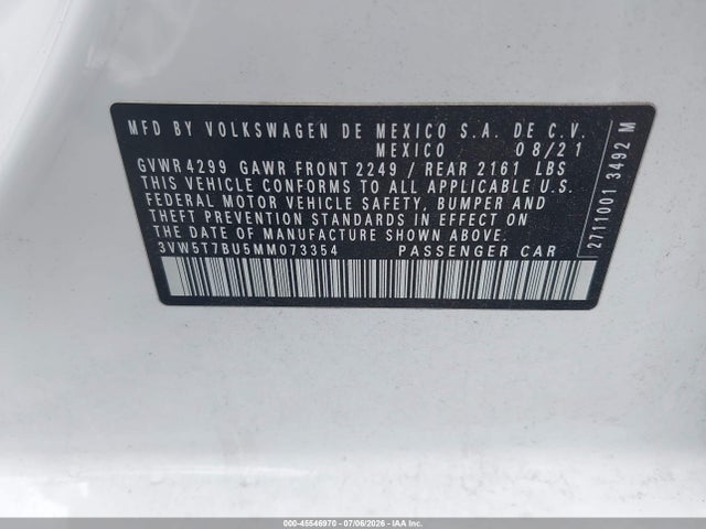 Aukcja sprzedaży 2021 Volkswagen Jetta Gli 2.0t Autobahn/2.0t S, vin: 3VW5T7BU5MM073354, numer aukcji: 45546970