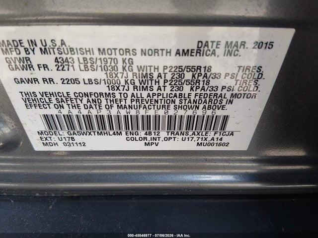 Aukcja sprzedaży 2015 Mitsubishi Outlander Sport Es, vin: 4A4AP3AW8FE027696, numer aukcji: 45546977