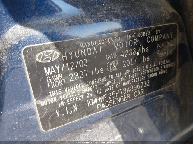 Aukcja sprzedaży 2003 Hyundai Sonata Base W/2.7l V6, vin: KMHWF25H73A896732, numer aukcji: 45546982