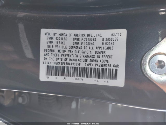 1HGCR2F85HA193359 Honda Accord Ex-l