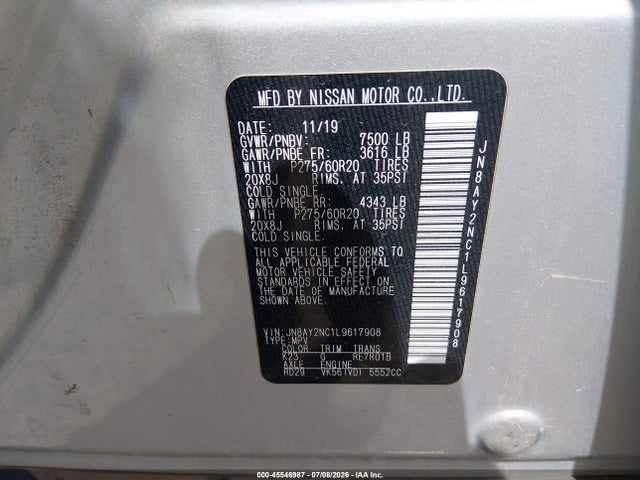 Продаж на аукціоні авто 2020 Nissan Armada Sl 4wd, vin: JN8AY2NC1L9617908, номер лоту: 45546987