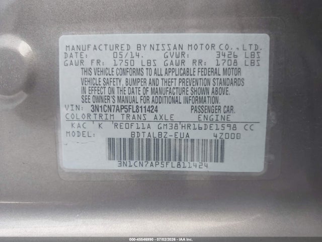 Aukcja sprzedaży 2015 Nissan Versa 1.6 S/1.6 S+/1.6 Sl/1.6 Sv, vin: 3N1CN7AP5FL811424, numer aukcji: 45546990