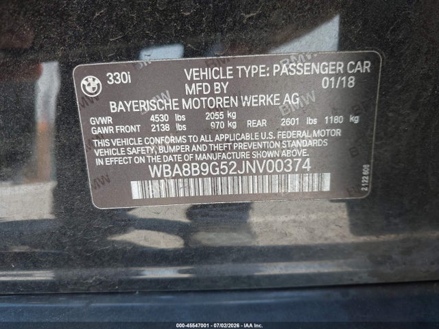 Aukcja sprzedaży 2018 Bmw 330i, vin: WBA8B9G52JNV00374, numer aukcji: 45547001