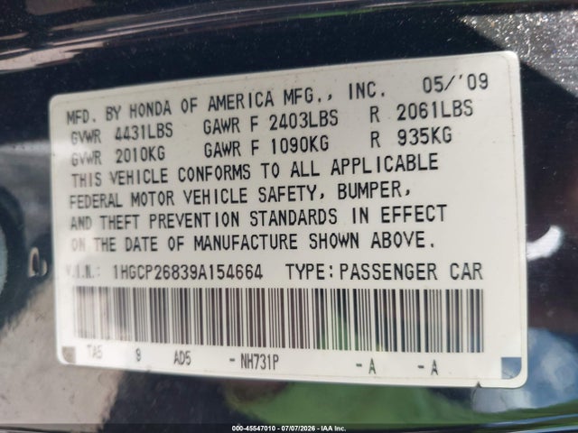45547010 :رقم المزاد ، 1HGCP26839A154664 vin ، 2009 Honda Accord 2.4 Ex-l مزاد بيع