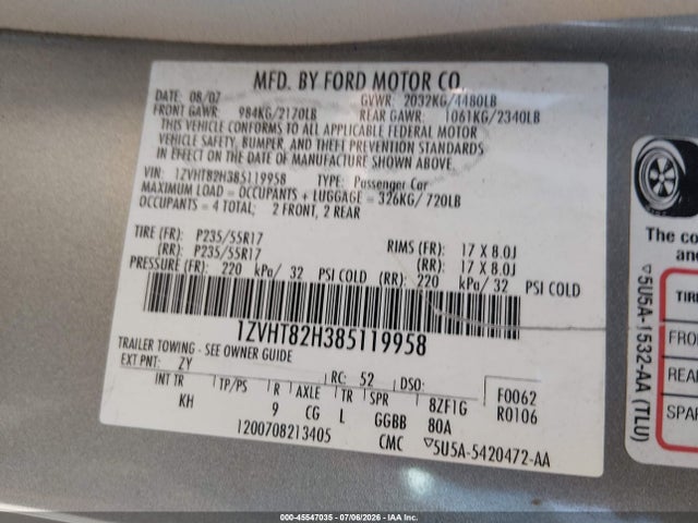 Продажа на аукционе авто 2008 Ford Mustang Gt Deluxe/gt Premium, vin: 1ZVHT82H385119958, номер лота: 45547035
