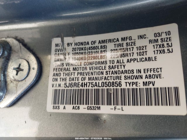 2010 Honda Cr-v Ex-l მანქანა იყიდება აუქციონზე, vin: 5J6RE4H75AL050856, აუქციონის ნომერი: 45547041